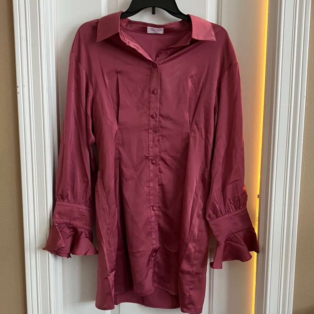 Pink Lily Satin Button Down Shirt in Deep Pink